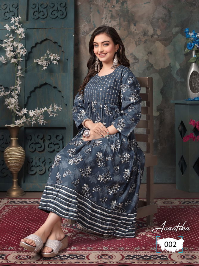 Avantika By Trendy 001 To 010Long Flair Anarkali  Kurtis Exporters In India
